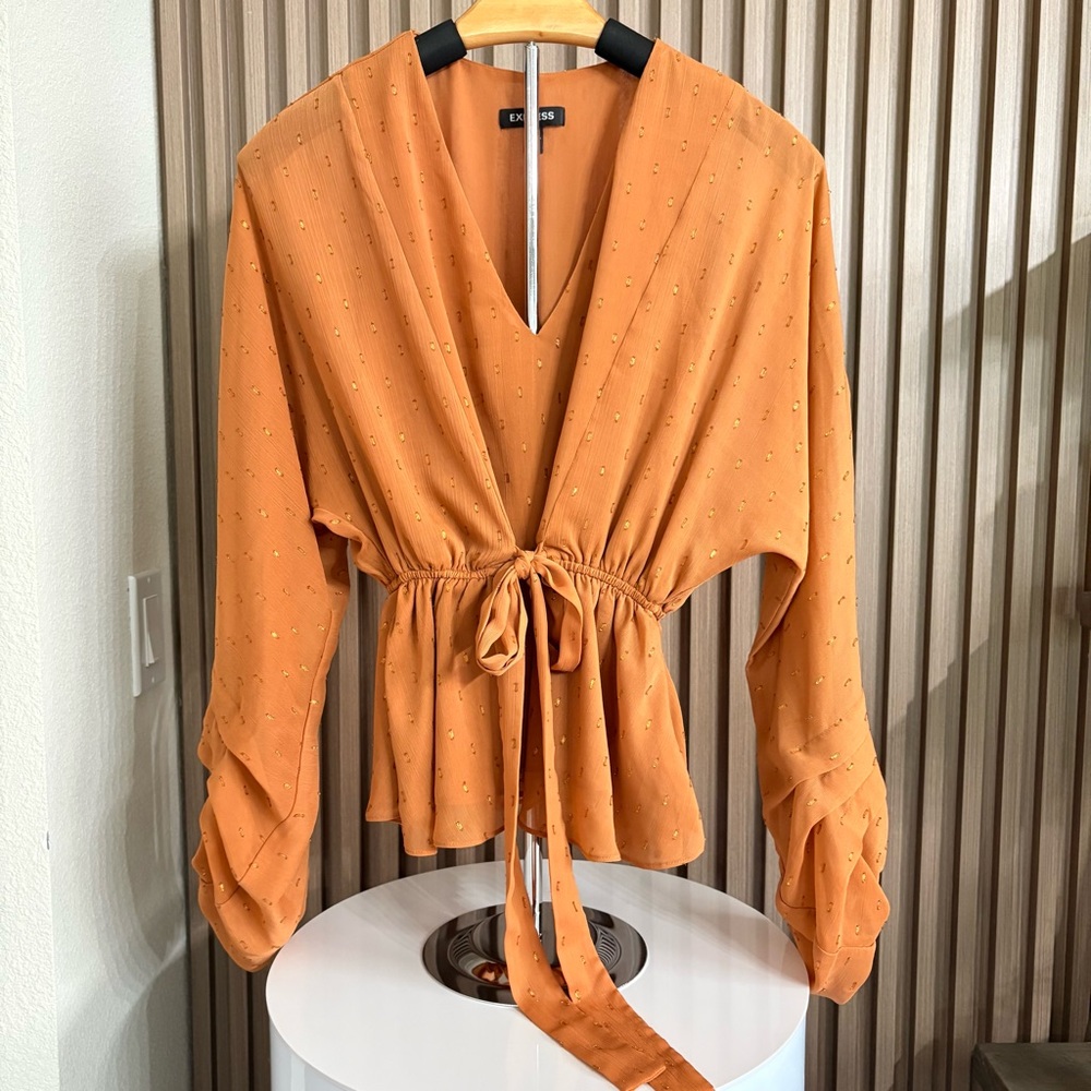 Express Orange Wrap Blouse with Gold Dot Detail - Size XS